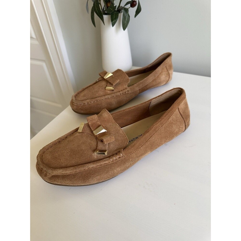 Isaac Mizrahi Live! Tan Suede Bow Loafers Gold Hardware  Moccasins 8.5M - Picture 3 of 7